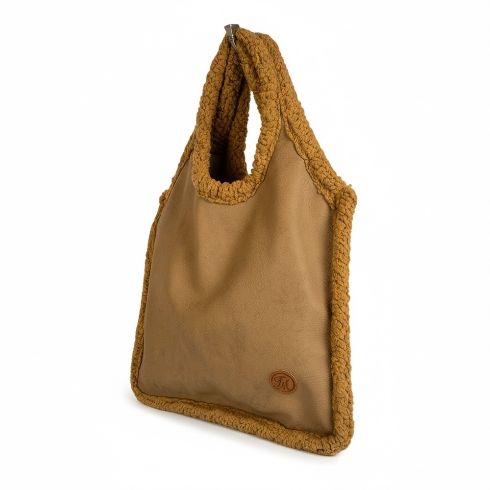 Teddy Tote Bag TM Tan Faux Leather Sherpa Trim Brown Fleece Cozy Earthy Unique